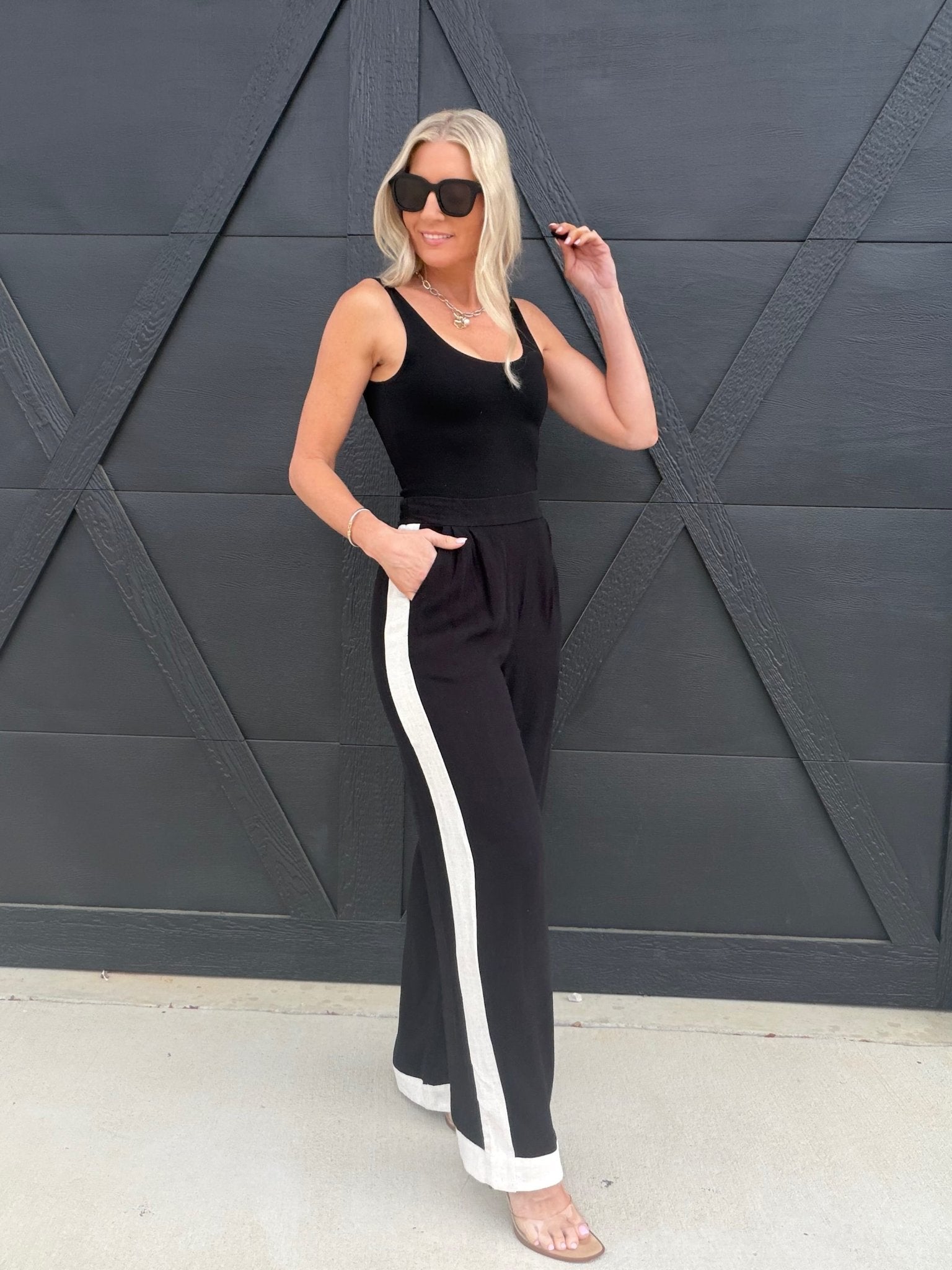 Contrast Trim Linen Pants In Black - Infinity Raine