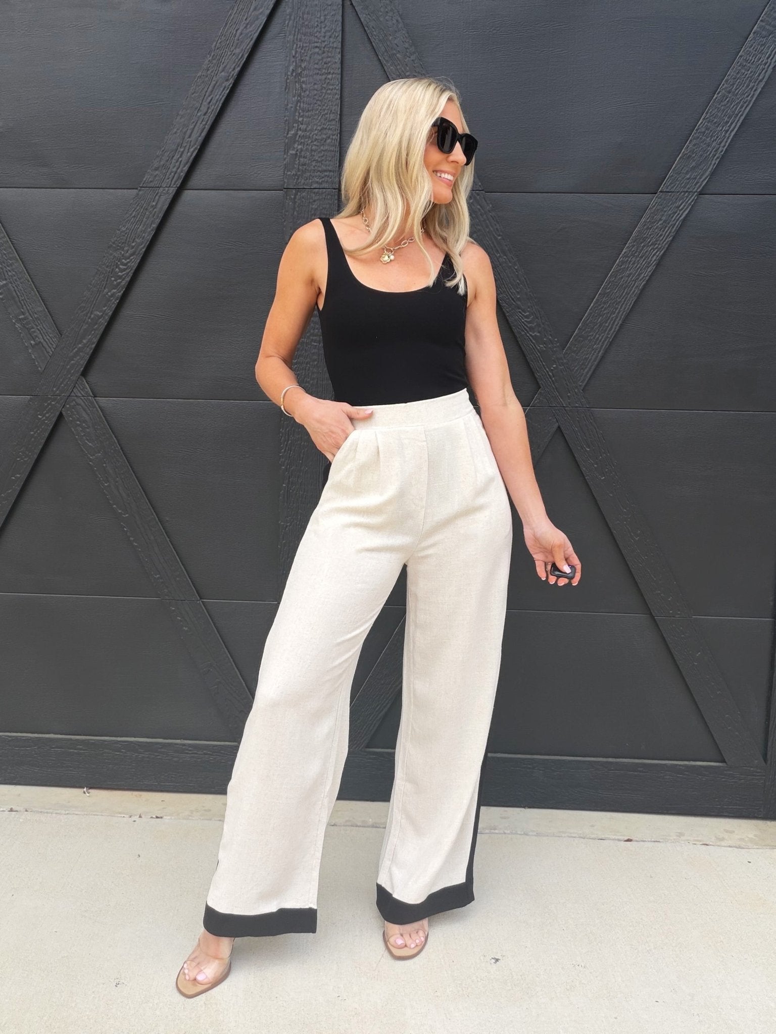 Contrast Trim Linen Pants In Natural - Infinity Raine