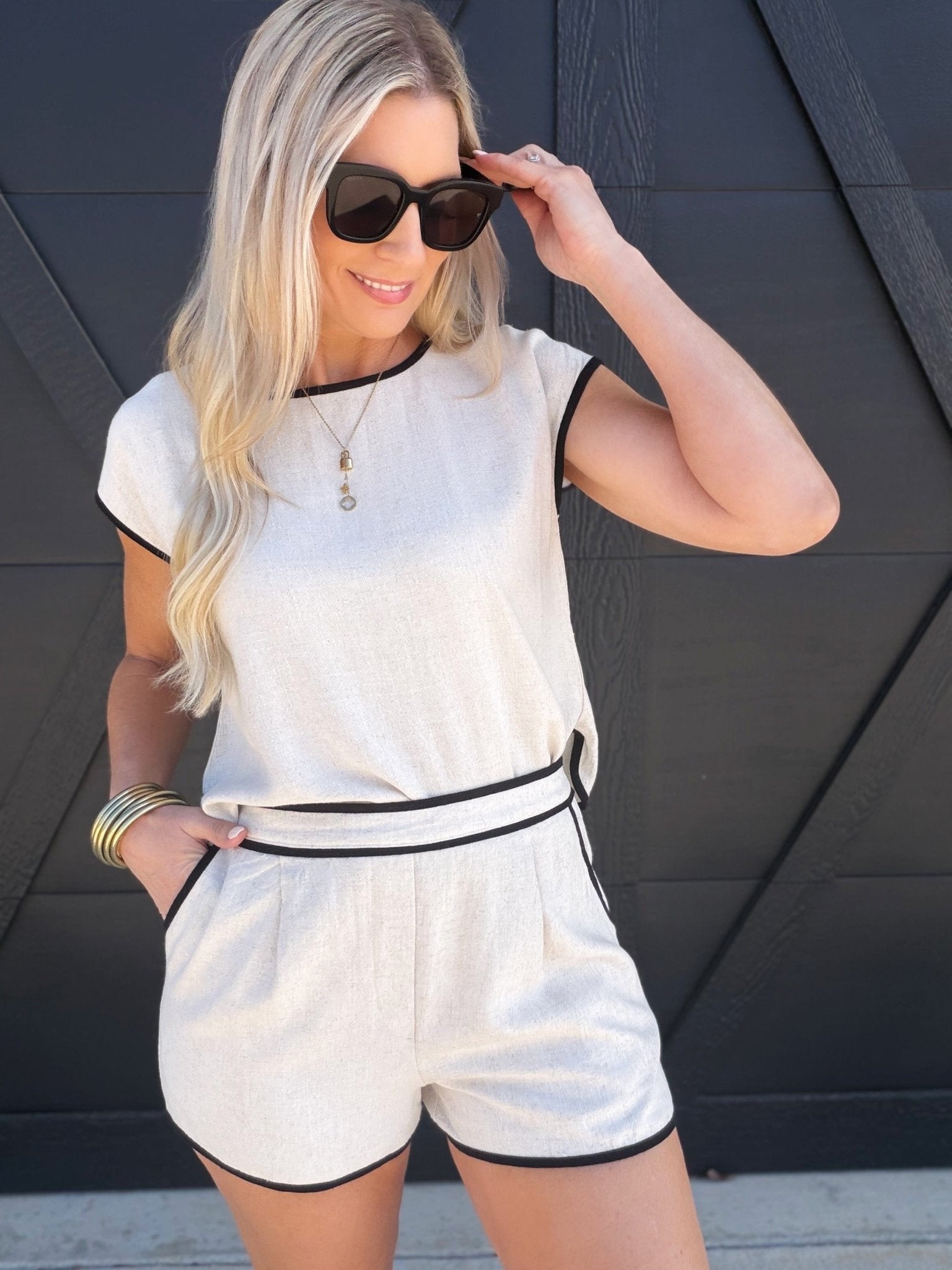 Contrast Trim Linen Shorts In Tan - Infinity Raine