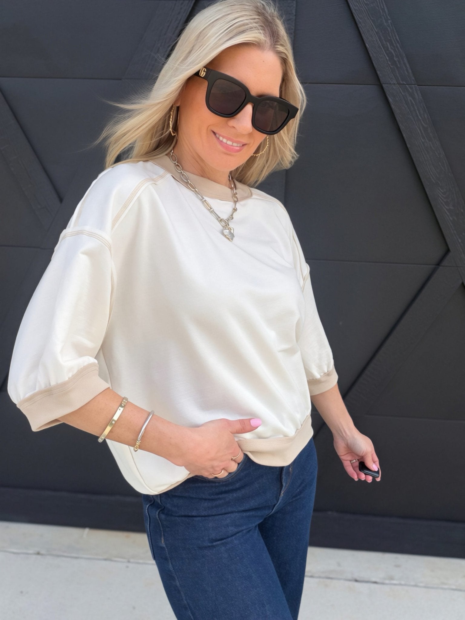 Contrast Trim Raglan Short Sleeve Knit Top In Cream - Infinity Raine