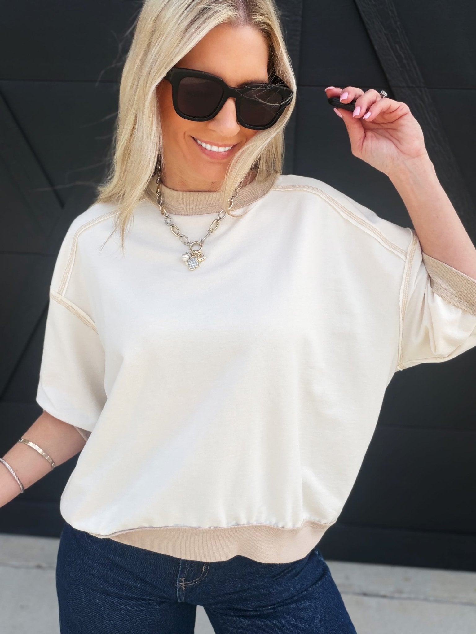 Contrast Trim Raglan Short Sleeve Knit Top In Cream - Infinity Raine