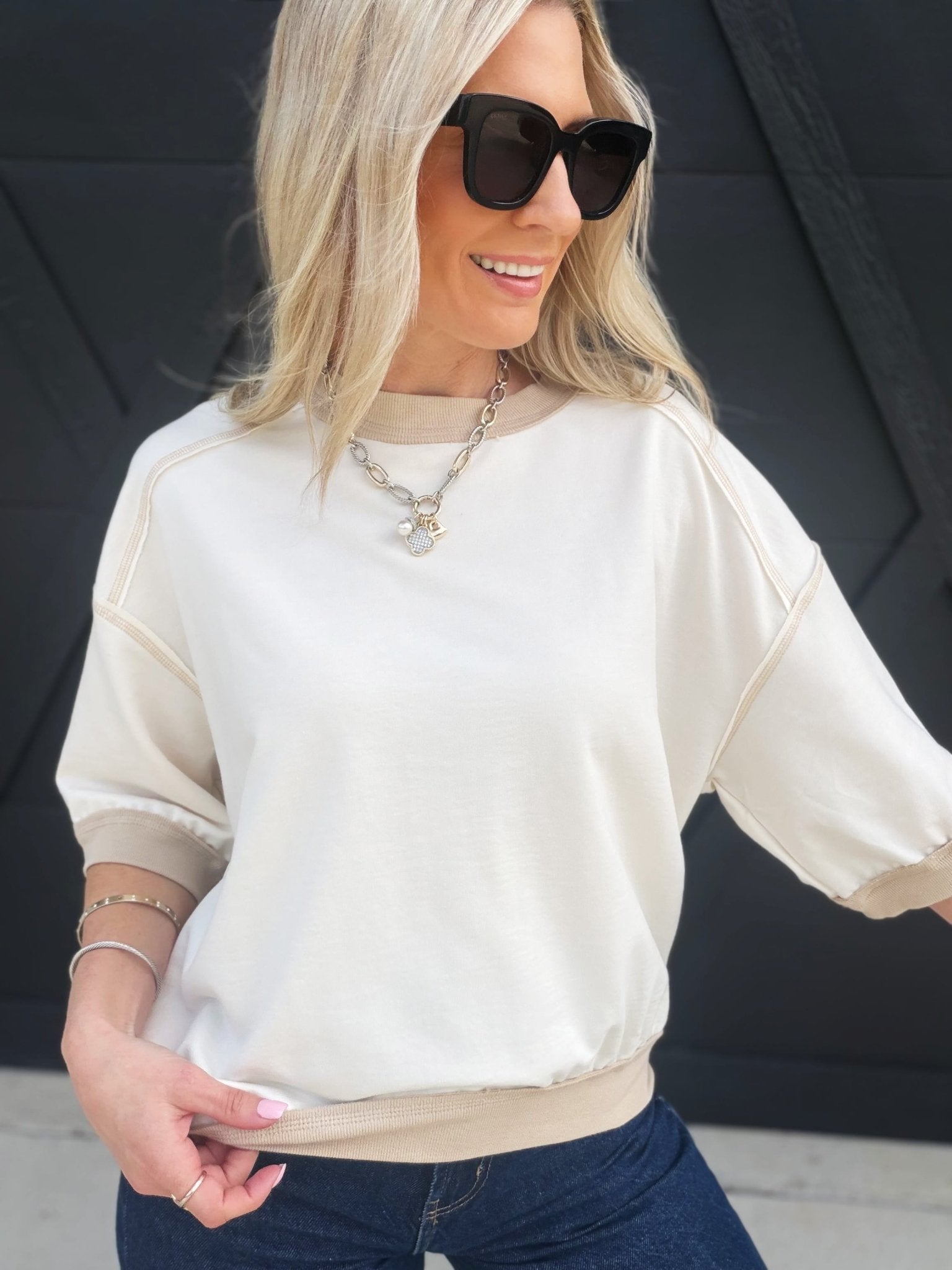 Contrast Trim Raglan Short Sleeve Knit Top In Cream - Infinity Raine