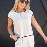 Contrast Trim Short Sleeve Back Button Linen Top In Tan - Infinity Raine