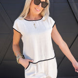 Contrast Trim Short Sleeve Back Button Linen Top In Tan - Infinity Raine