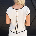 Contrast Trim Short Sleeve Back Button Linen Top In Tan - Infinity Raine