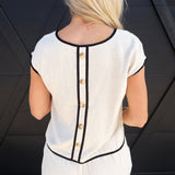 Contrast Trim Short Sleeve Back Button Linen Top In Tan - Infinity Raine