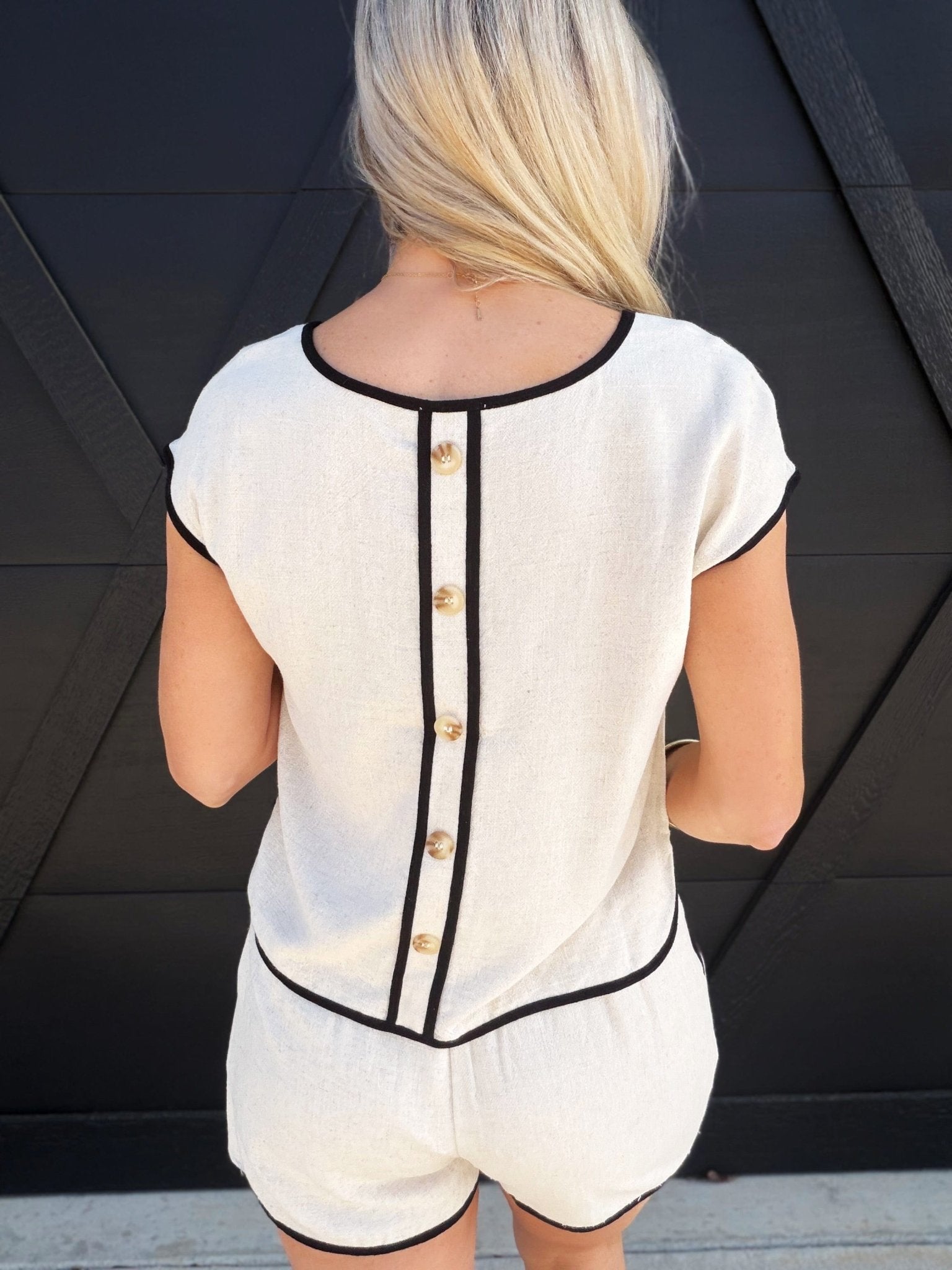 Contrast Trim Short Sleeve Back Button Linen Top In Tan - Infinity Raine
