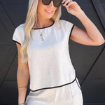 Contrast Trim Short Sleeve Back Button Linen Top In Tan - Infinity Raine