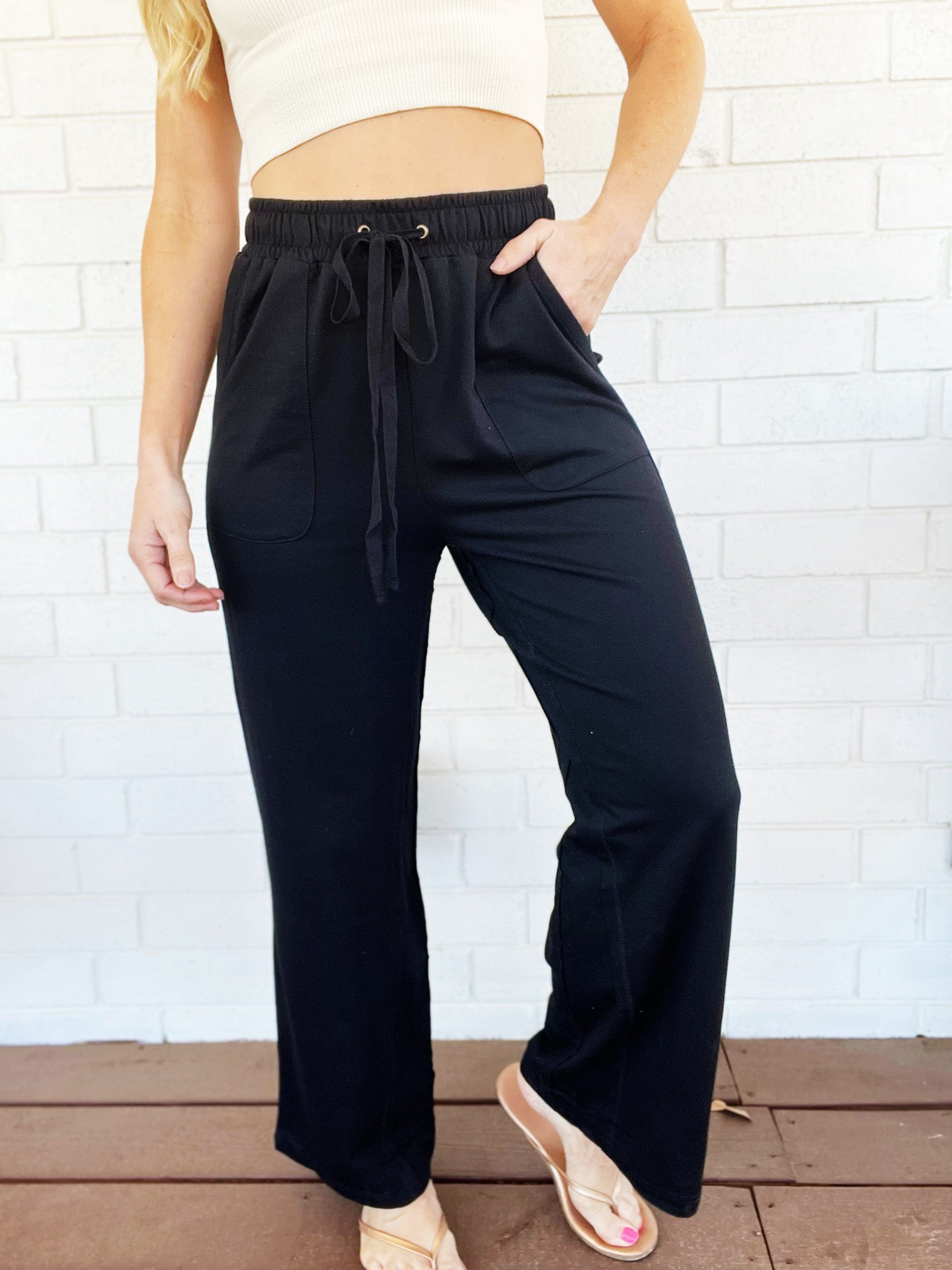 Washed Cotton French Terry Casual Pants-Black - Infinity Raine