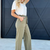 Washed Cotton French Terry Casual Pants-Olive - Infinity Raine