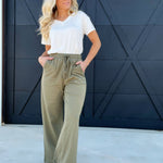 Washed Cotton French Terry Casual Pants-Olive - Infinity Raine