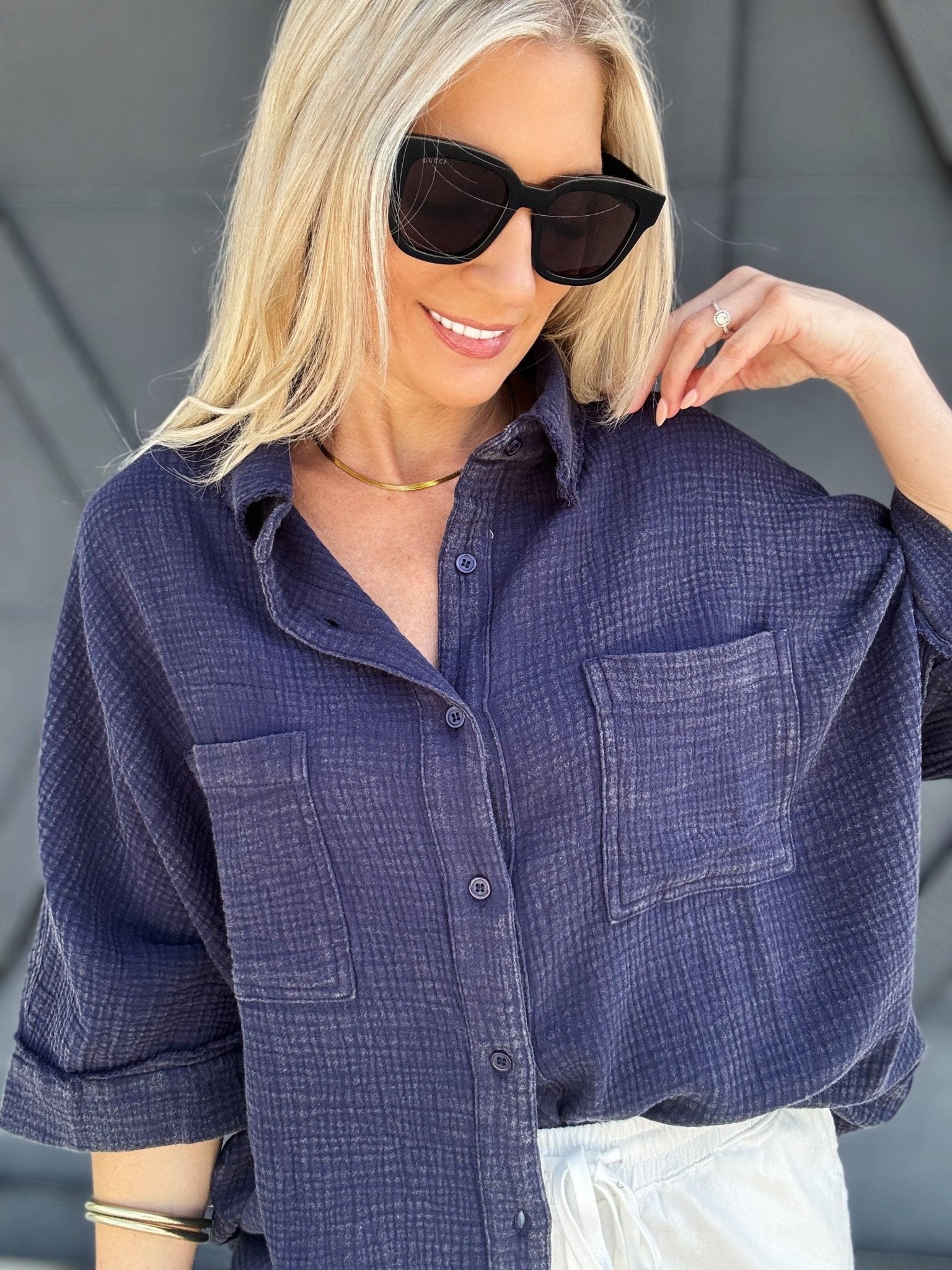 Cotton Gauze 3/4 Sleeve Top In Midnight - Infinity Raine