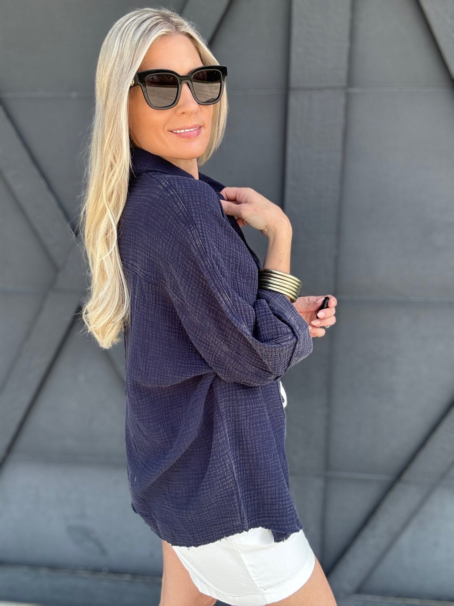 Cotton Gauze 3/4 Sleeve Top In Midnight - Infinity Raine