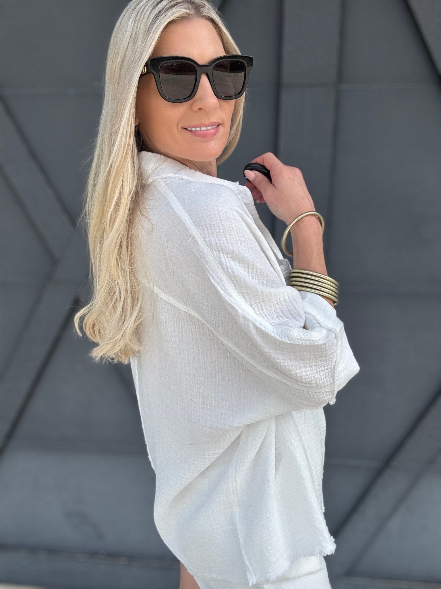 Cotton Gauze 3/4 Sleeve Top In Off White - Infinity Raine