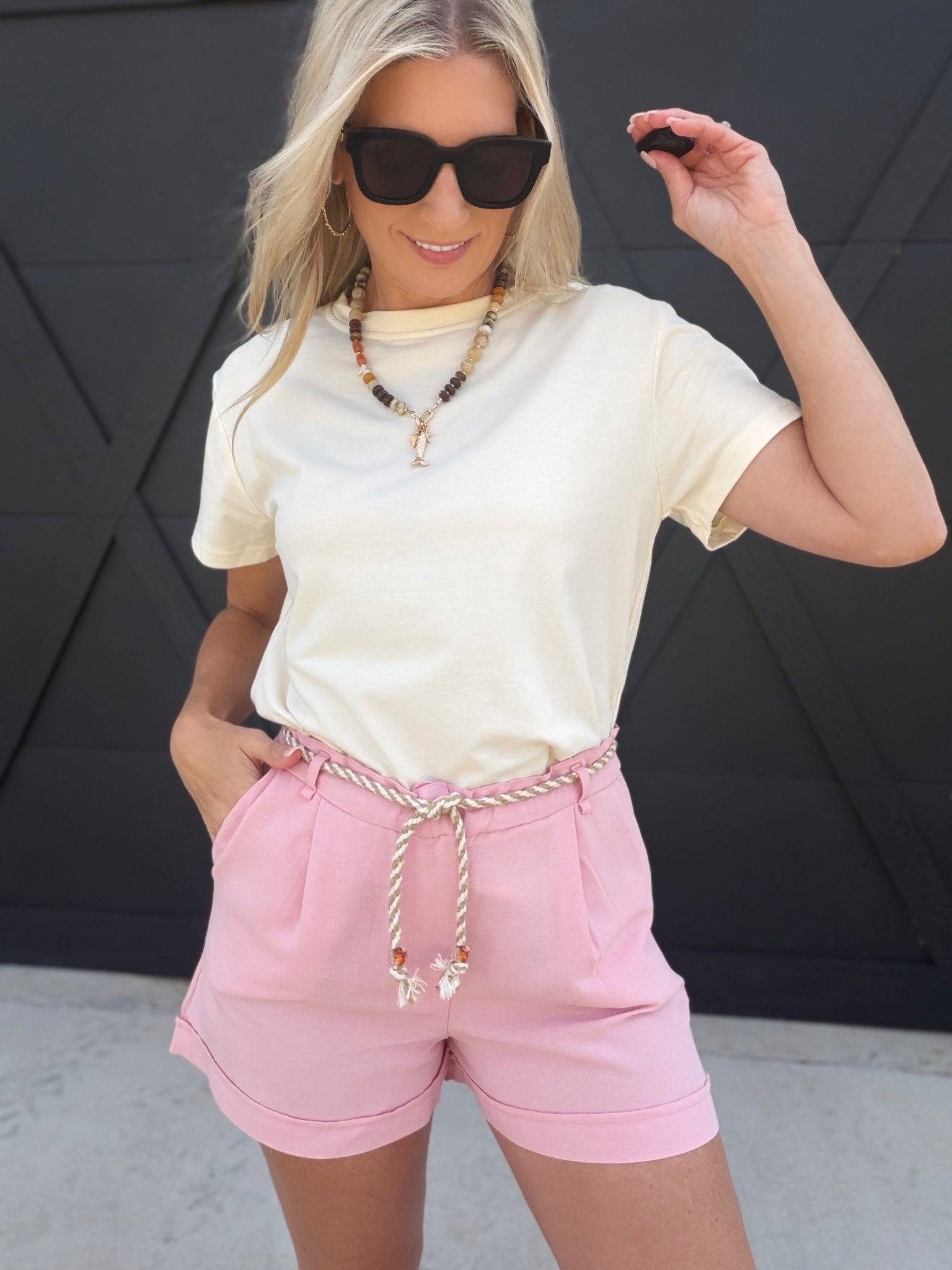 Cotton Shorts with Rope Belts in Pink - Infinity Raine