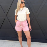 Cotton Shorts with Rope Belts in Pink - Infinity Raine