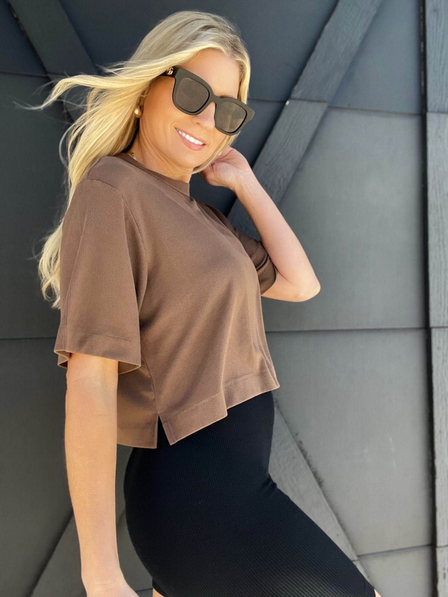 Cream Yoga Karen Oversized Cropped Tee-Brown - Infinity Raine