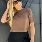 Cream Yoga Karen Oversized Cropped Tee-Brown - Infinity Raine