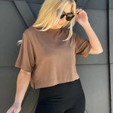 Cream Yoga Karen Oversized Cropped Tee-Brown - Infinity Raine