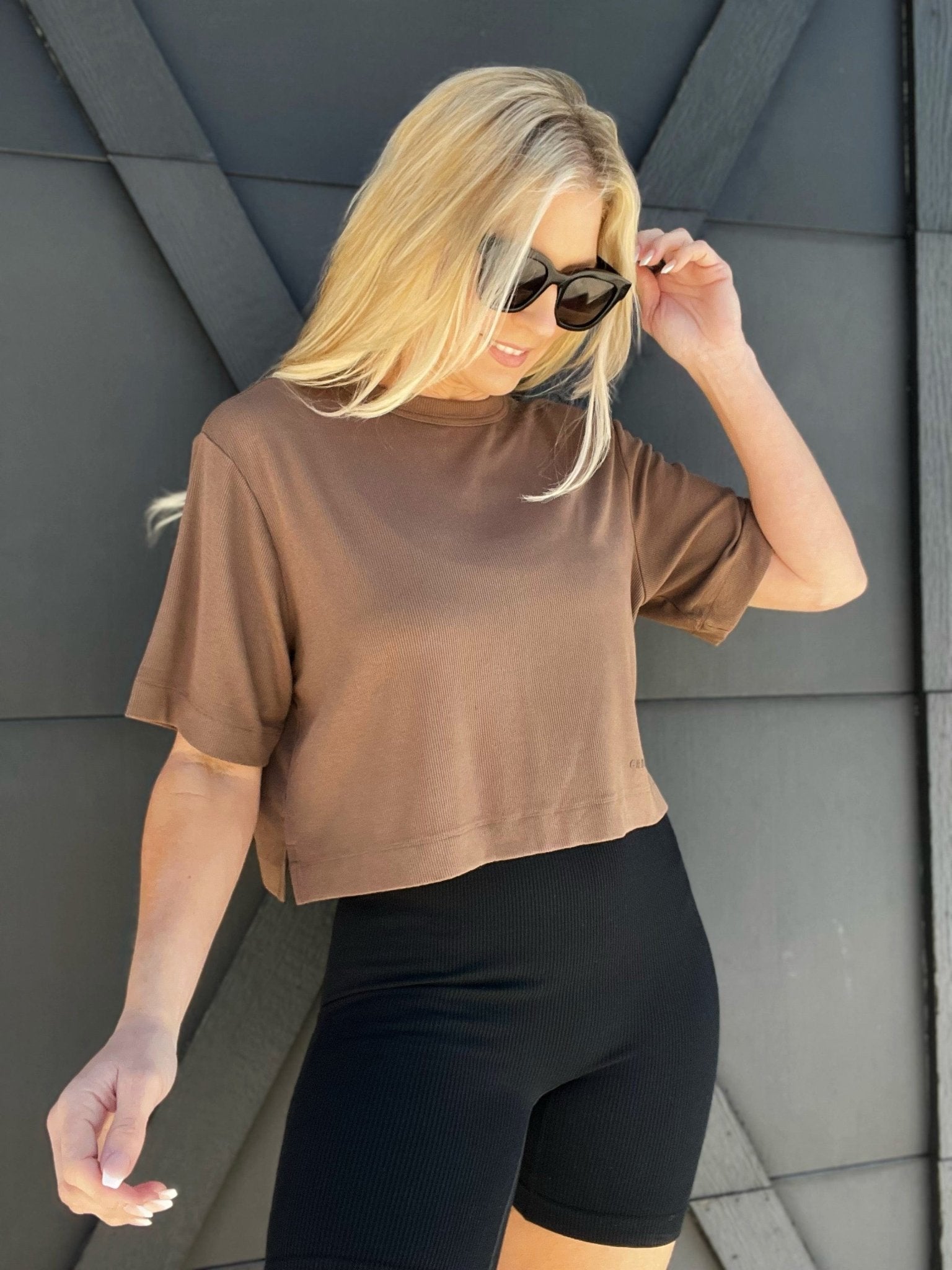 Cream Yoga Karen Oversized Cropped Tee-Brown - Infinity Raine
