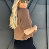 Cream Yoga Karen Oversized Cropped Tee-Brown - Infinity Raine