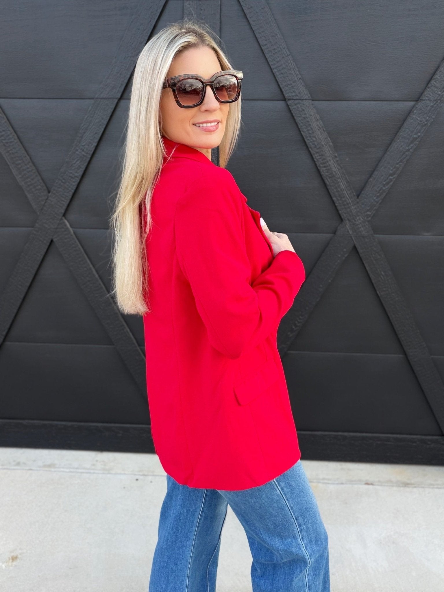 Crepe Lined Double Breast Blazer In Red - Infinity Raine