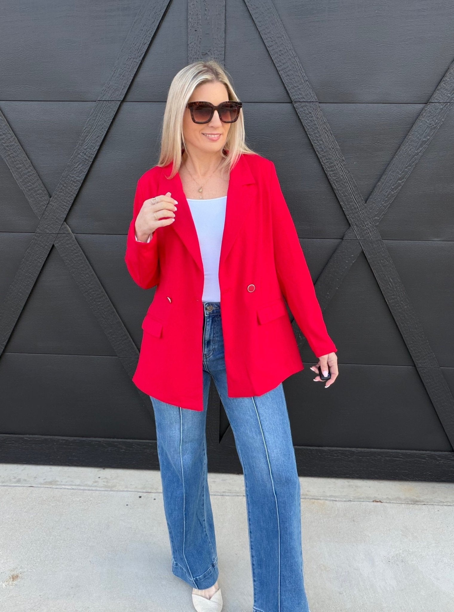 Crepe Lined Double Breast Blazer In Red - Infinity Raine