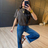 Crewneck Short Sleeve Rib Hem Pullover Sweater In Cocoa - Infinity Raine