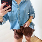 Crinckled Satin Lace Hem Shorts In Brown - Infinity Raine