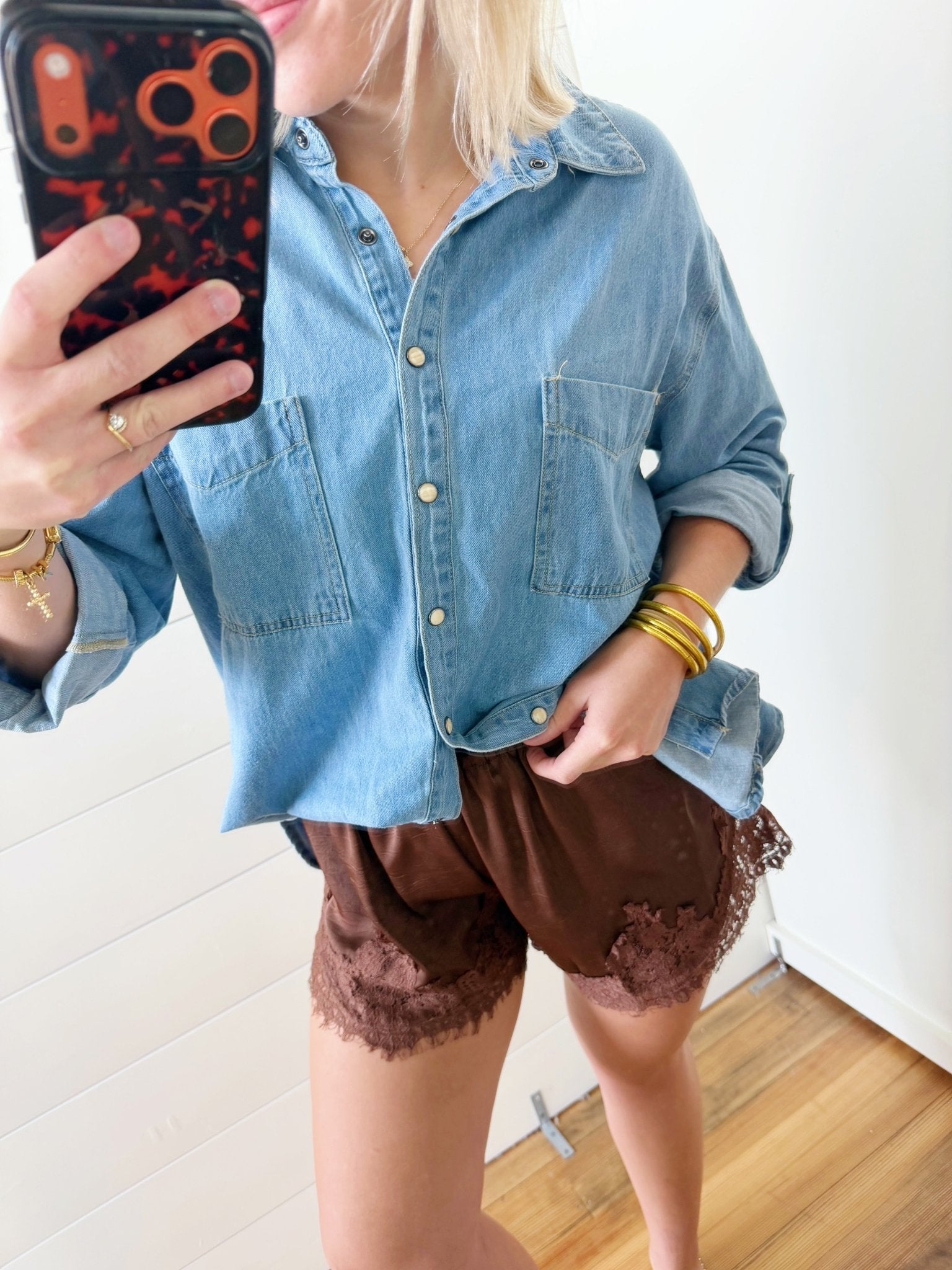 Crinckled Satin Lace Hem Shorts In Brown - Infinity Raine