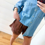 Crinckled Satin Lace Hem Shorts In Brown - Infinity Raine