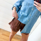 Crinckled Satin Lace Hem Shorts In Brown - Infinity Raine