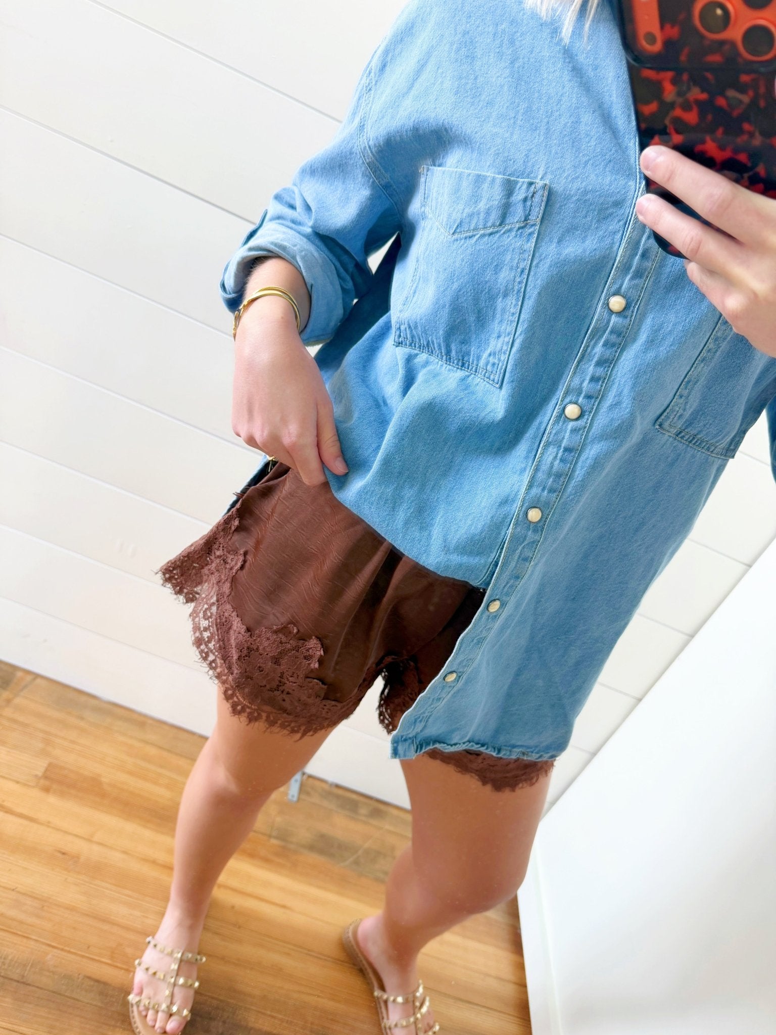 Crinckled Satin Lace Hem Shorts In Brown - Infinity Raine
