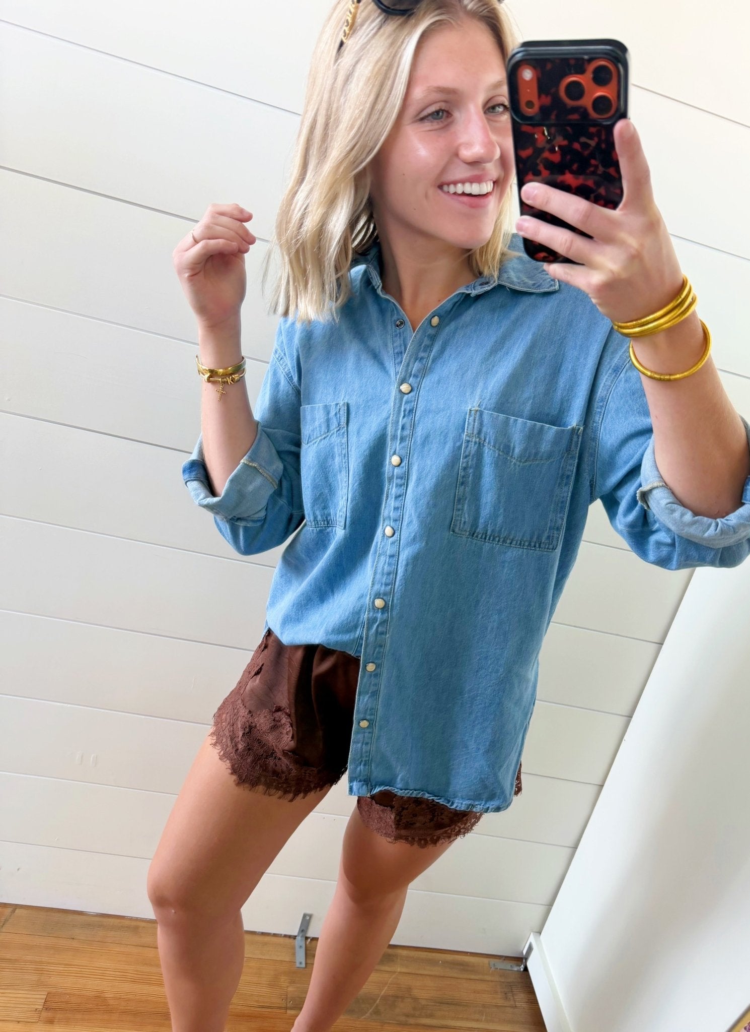 Crinckled Satin Lace Hem Shorts In Brown - Infinity Raine