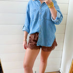 Crinckled Satin Lace Hem Shorts In Brown - Infinity Raine