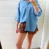 Crinckled Satin Lace Hem Shorts In Brown - Infinity Raine