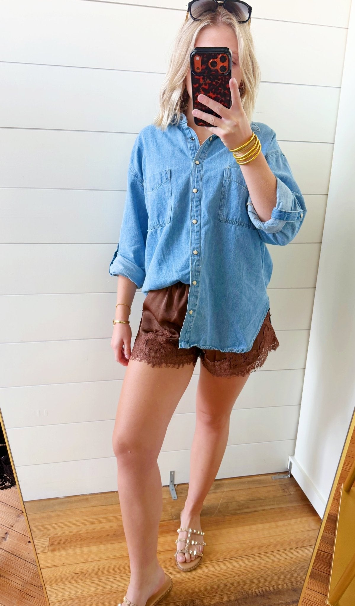 Crinckled Satin Lace Hem Shorts In Brown - Infinity Raine