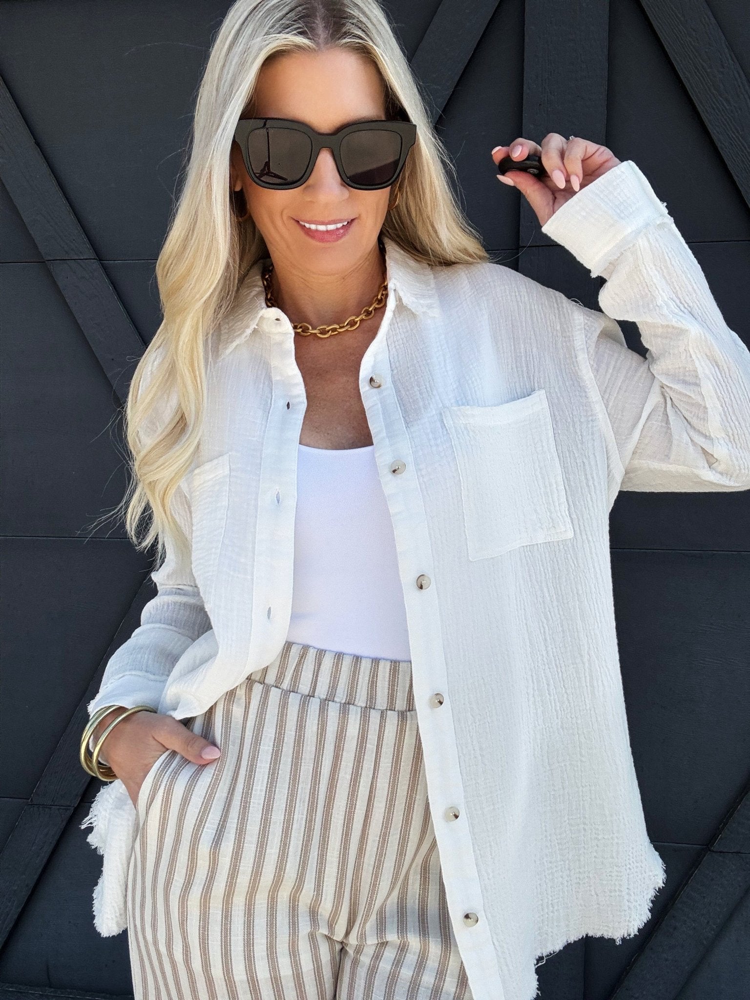 Crinkle Gauze Button Down In White - Infinity Raine