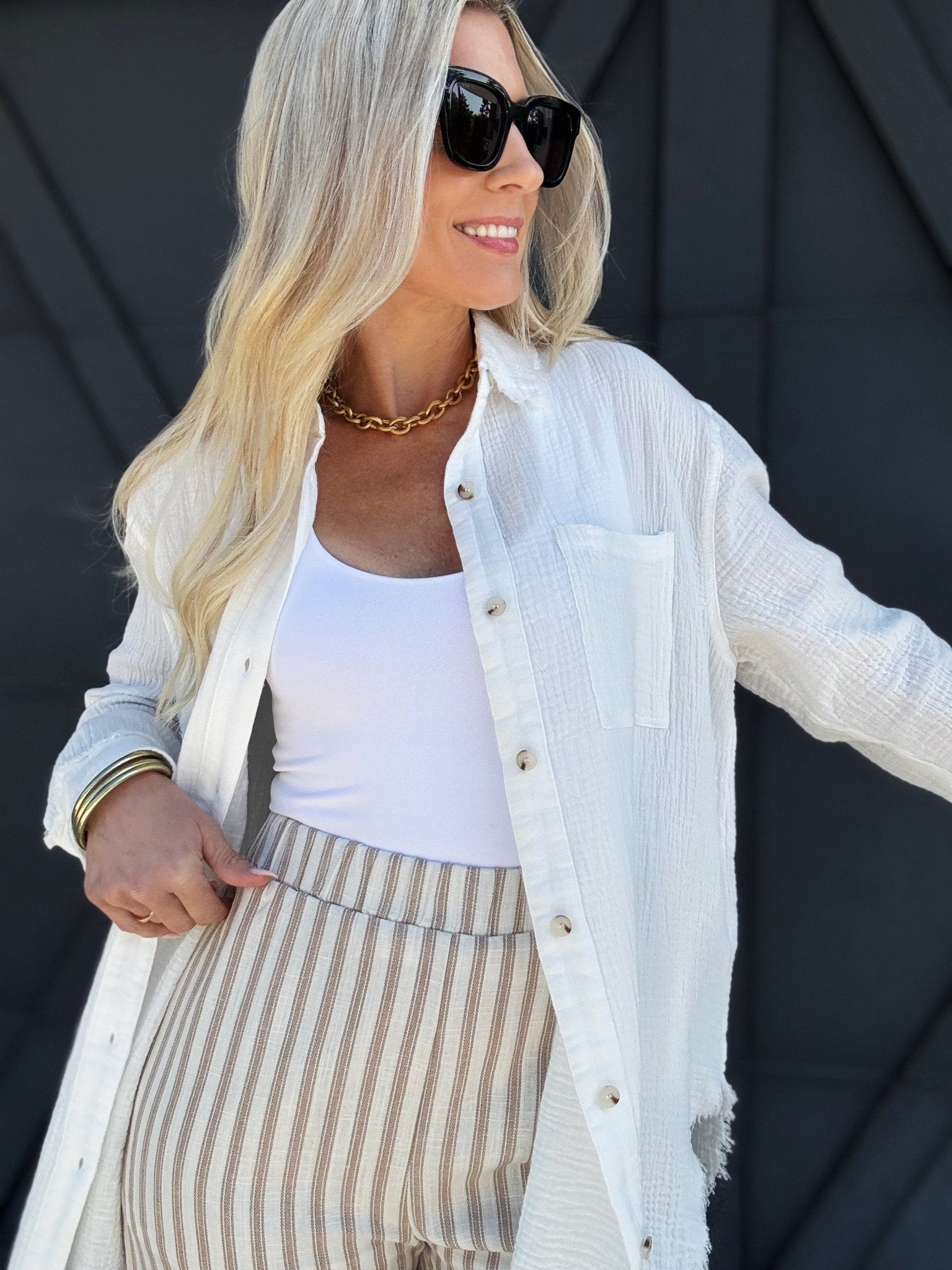 Crinkle Gauze Button Down In White - Infinity Raine