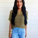Crochet Knit Short Sleeve Sweater Top In Olive - Infinity Raine