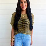 Crochet Knit Short Sleeve Sweater Top In Olive - Infinity Raine