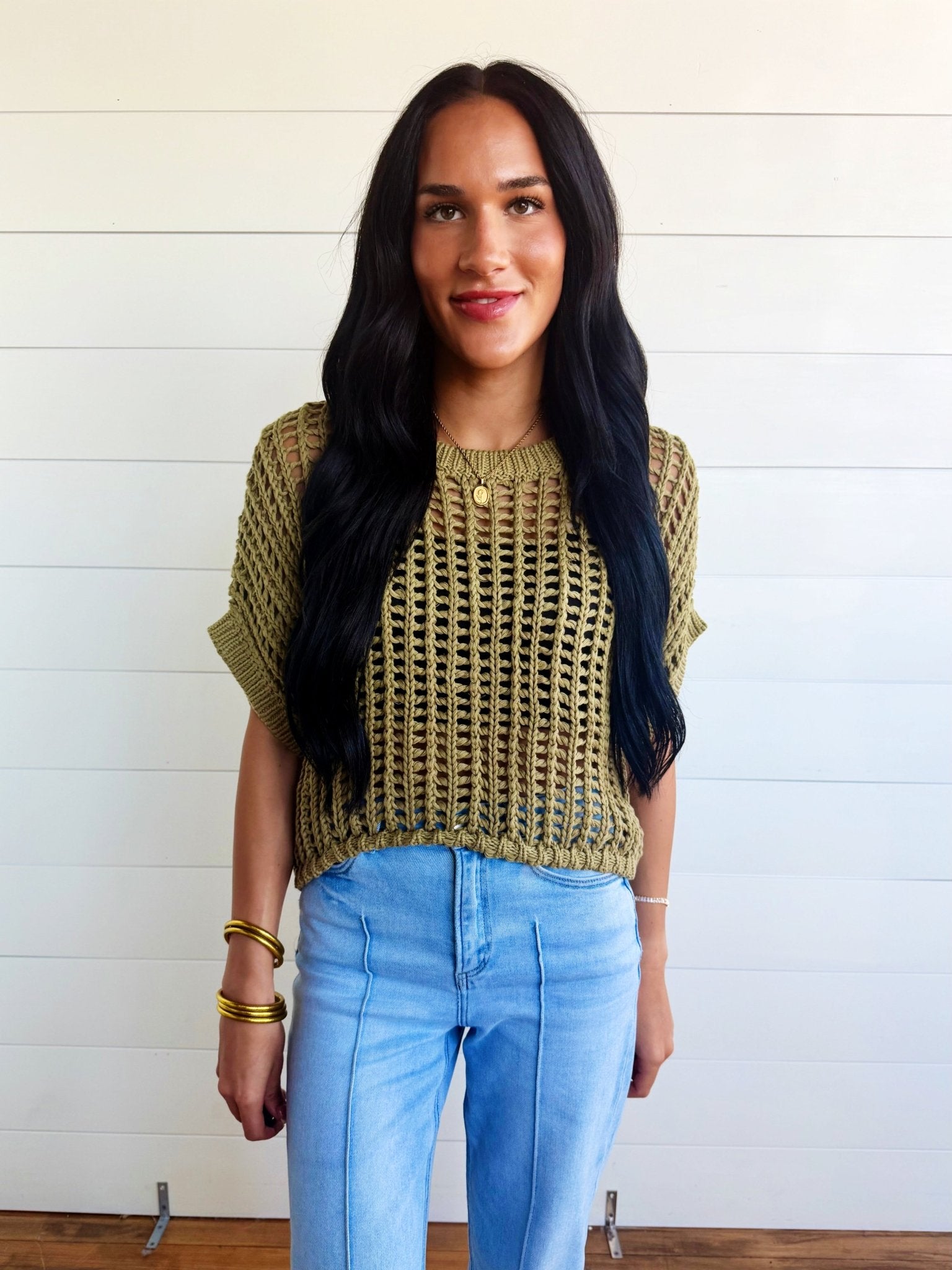Crochet Knit Short Sleeve Sweater Top In Olive - Infinity Raine