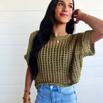 Crochet Knit Short Sleeve Sweater Top In Olive - Infinity Raine
