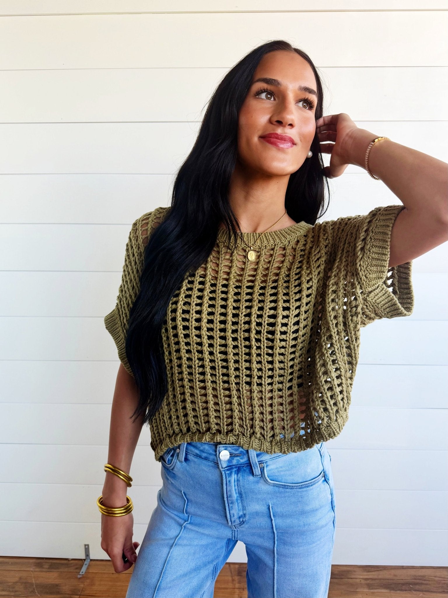 Crochet Knit Short Sleeve Sweater Top In Olive - Infinity Raine