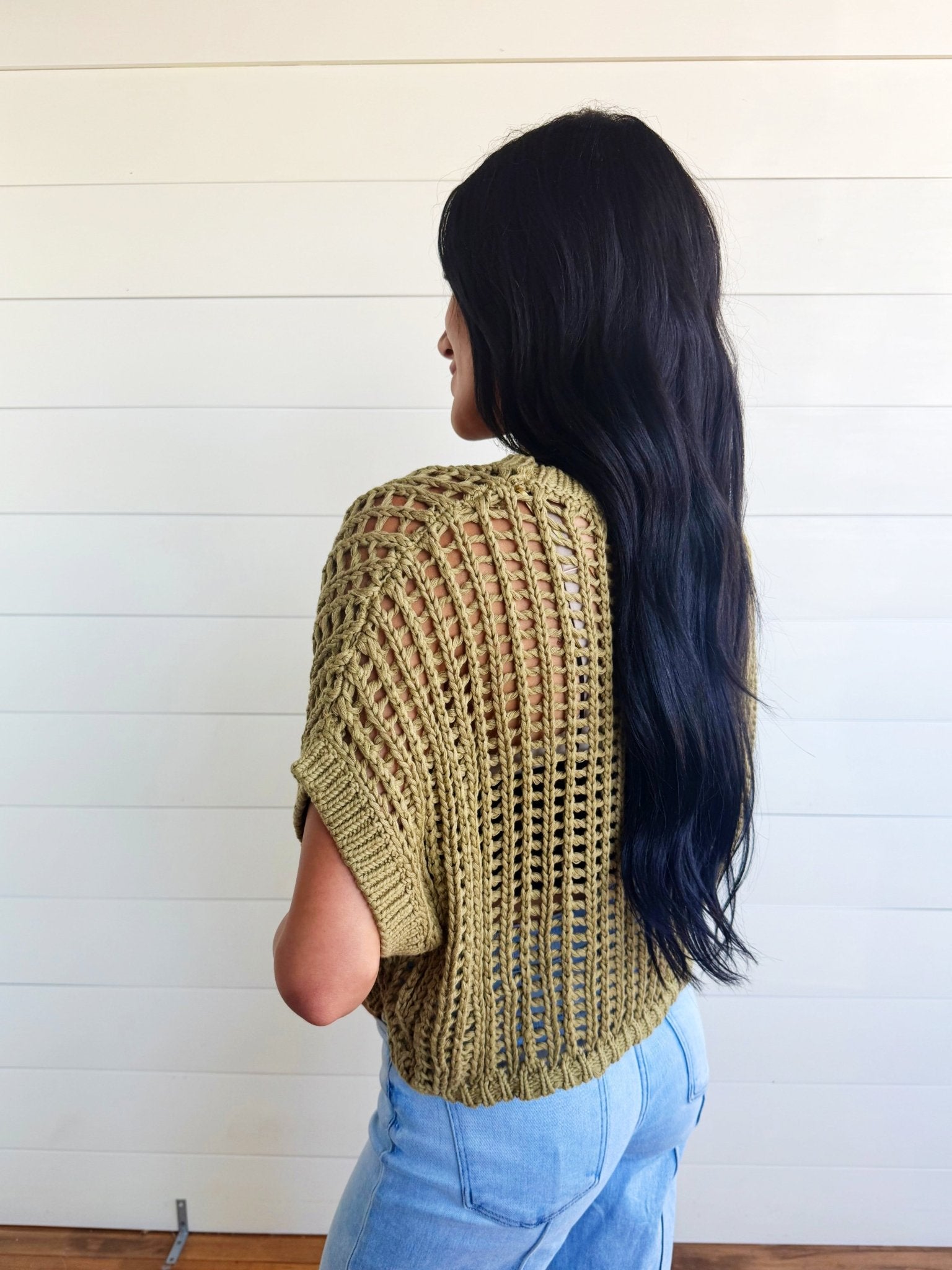 Crochet Knit Short Sleeve Sweater Top In Olive - Infinity Raine
