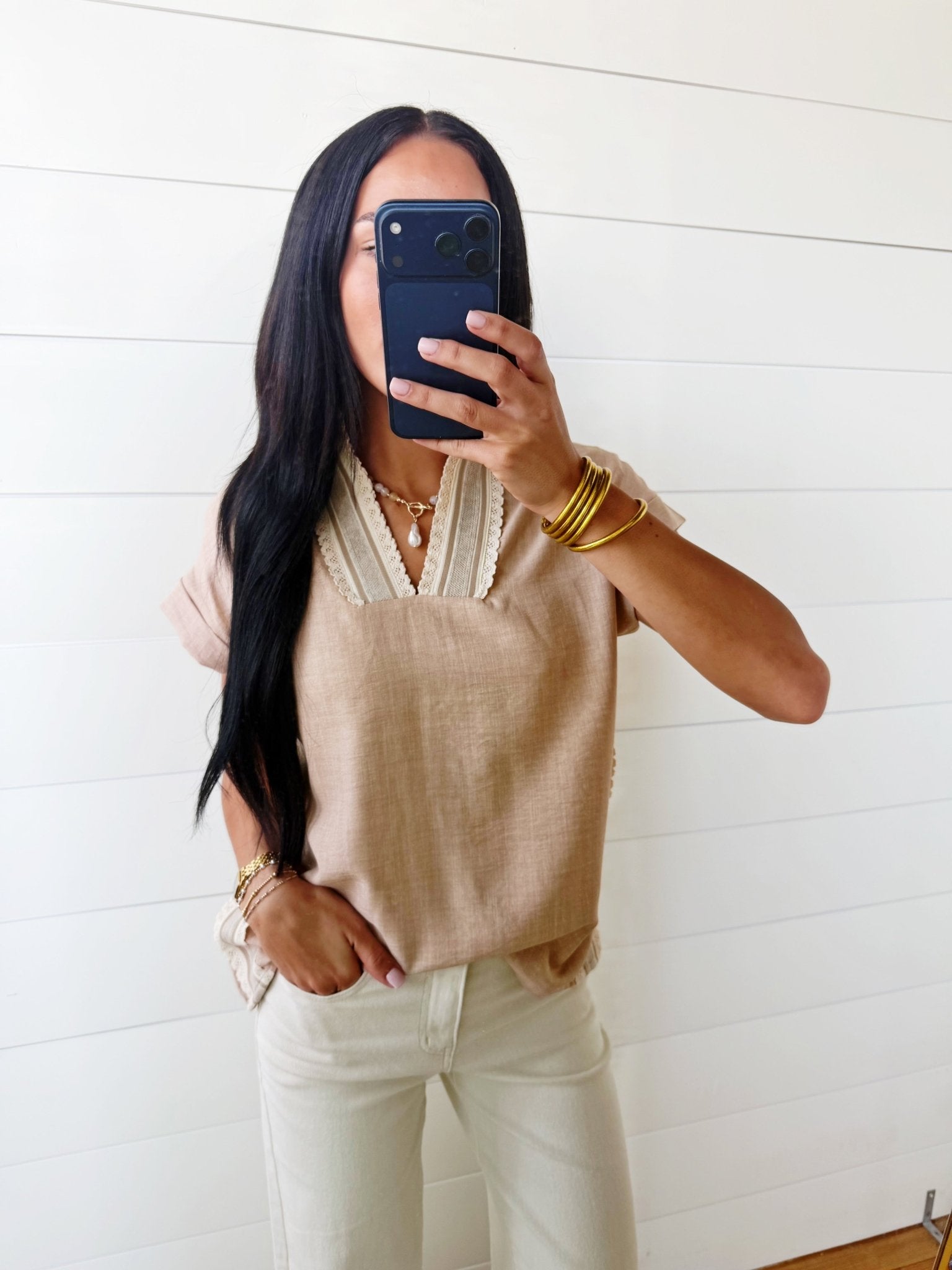 Crochet Lace Accent Pullover Rolled Blouse In Parchment - Infinity Raine