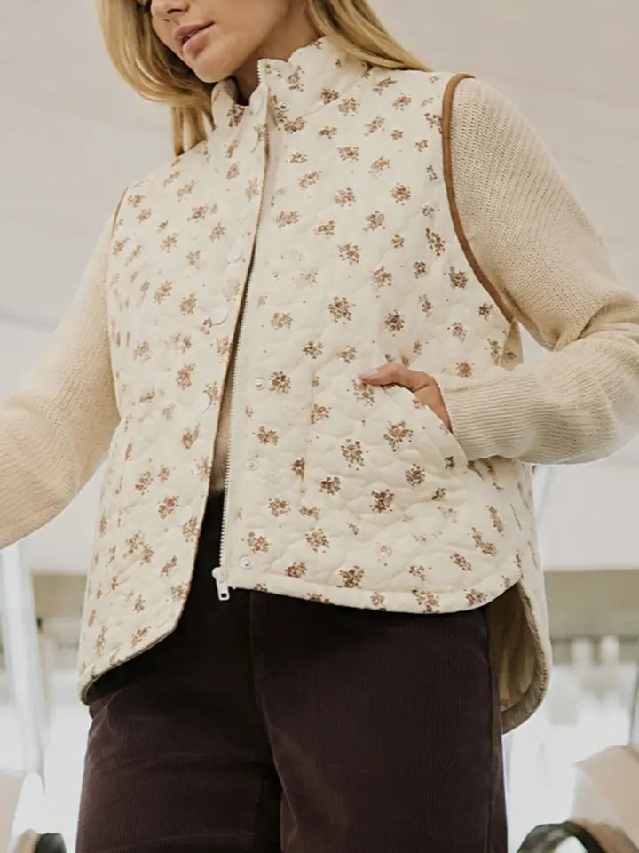 Floral Quilted Zip-Front Mock Neck Vest In Cream Multi - Infinity Raine