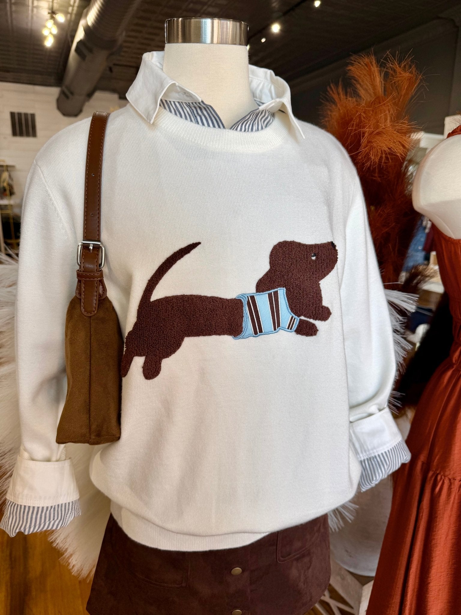 Dachshund Graphic Knit Sweater In Ivory - Infinity Raine