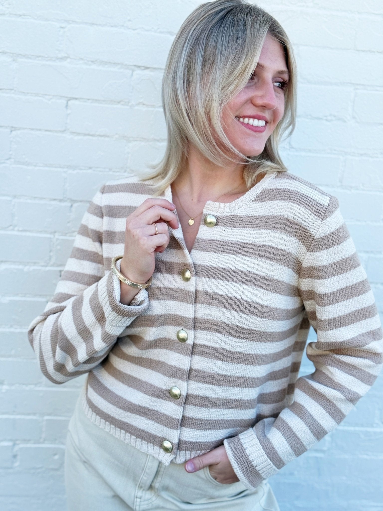 Daphne Stripe Cardigan In Camel Cream - Infinity Raine