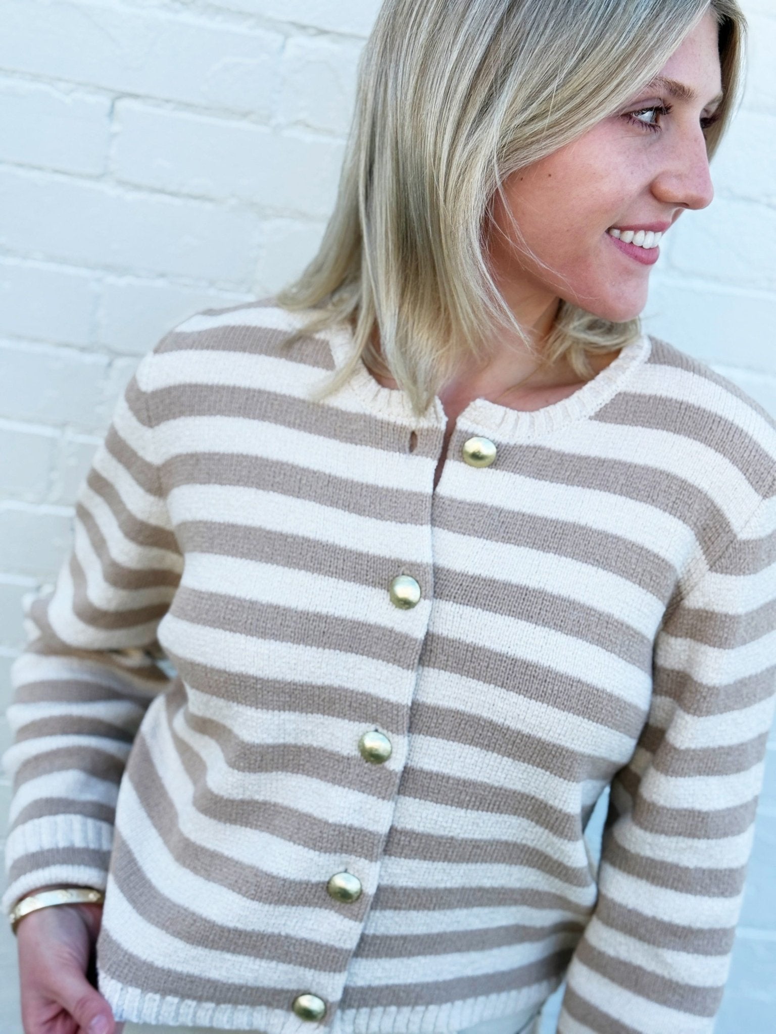Daphne Stripe Cardigan In Camel Cream - Infinity Raine
